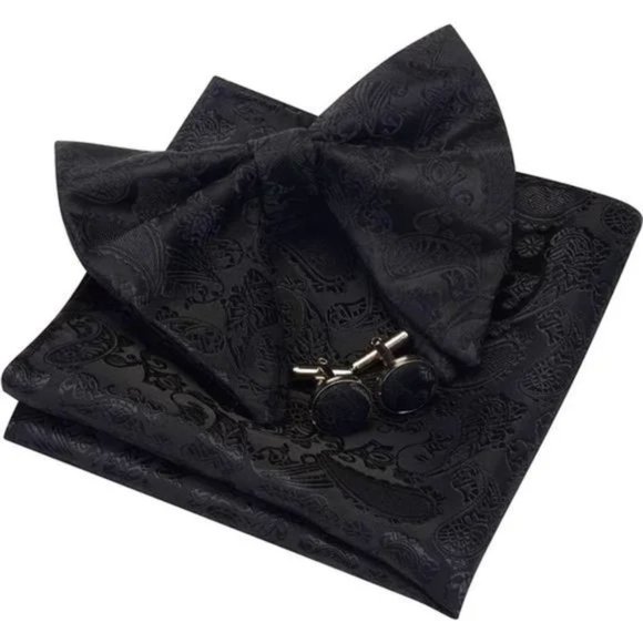 New Paisley Adjustable Pre-tied Cufflink Set Black - Picture 1 of 5